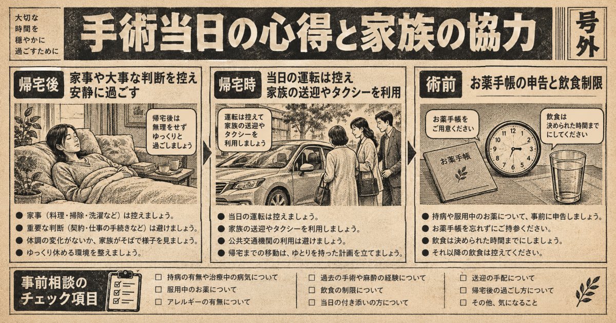 術前の申告から帰宅後まで：静脈内鎮静法の注意点と家族に頼むこと